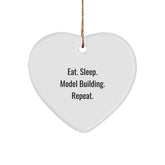 Model Building Heart Ornament Gifts from Friends to Family, Eat. Sleep. Model Building. Repeat. - White Heart Shaped, Durable MDF, High-Gloss Finish, Sublimation Printing - Christmas Unique Gifts - Image 1